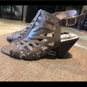 Vince Camuto Peep Toe Heels in tan/leather upper.